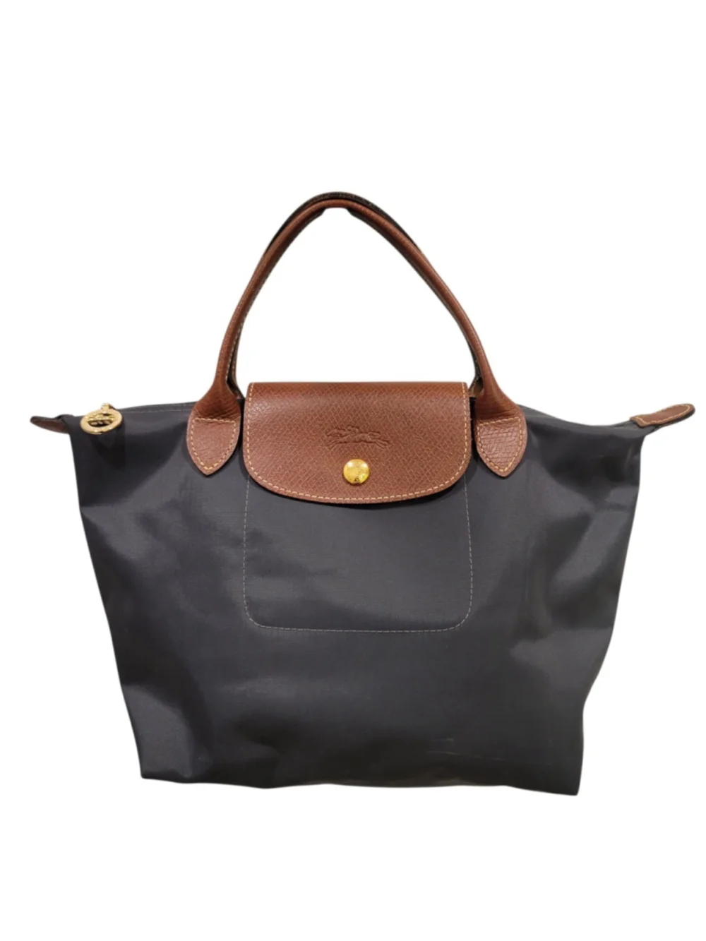 LONGCHAMP Women's Gray Pliage Medium Leather Trim Double Top Handle Satchel Bag